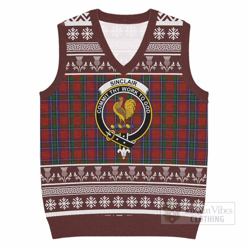 Sinclair Clan Tartan Christmas Knitted V-Neck Vest with Family Crest - Tartan Vibes Clothing