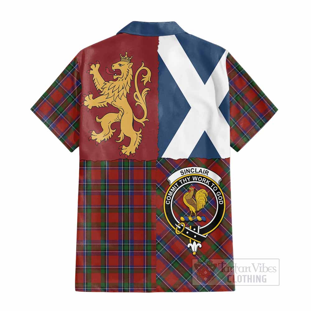 Sinclair Crest Tartan Cotton Hawaiian Shirt with Lion Rampant Saltire Style - Tartan Vibes Clothing