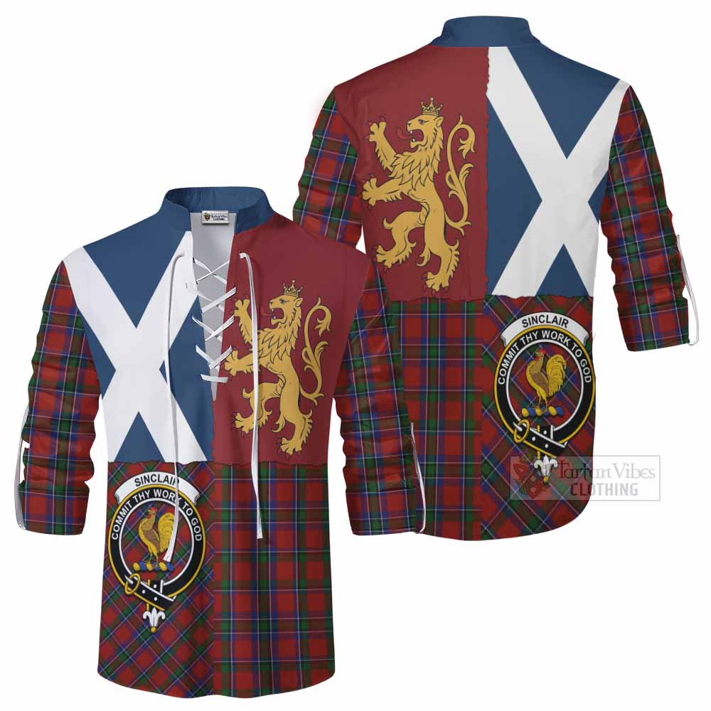Sinclair Crest Tartan Ghillie Shirt with Lion Rampant Saltire Style - Tartan Vibes Clothing