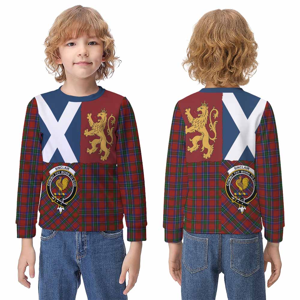 Sinclair Crest Tartan Kid Knitted Sweatshirt with Lion Rampant Saltire Style - Tartan Vibes Clothing