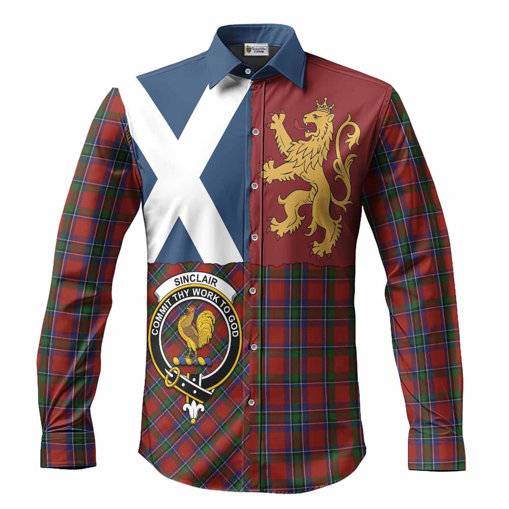 Sinclair Crest Tartan Long Sleeve Button Shirts with Lion Rampant Saltire Style