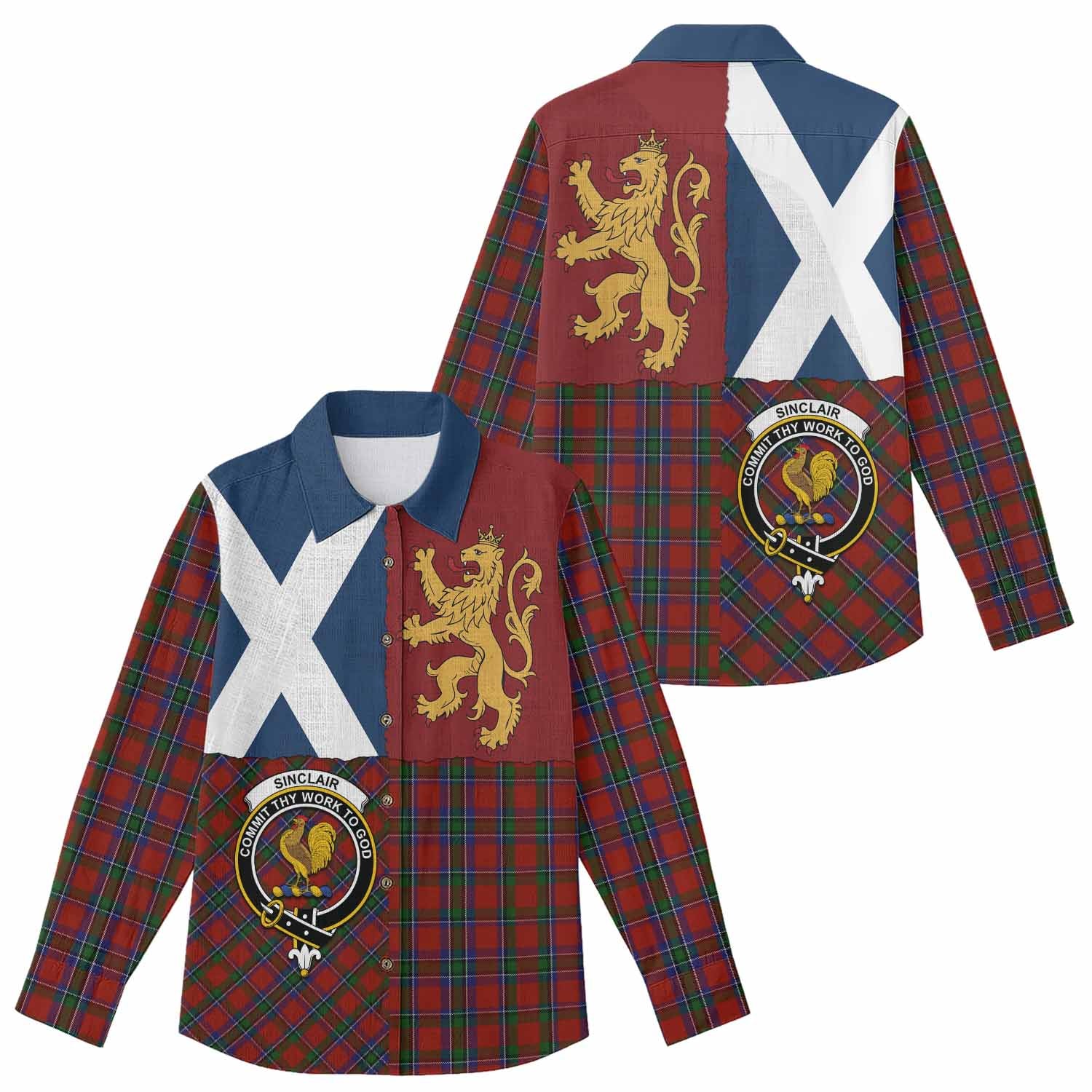 Sinclair Crest Tartan Women Casual Shirt with Lion Rampant Saltire Style