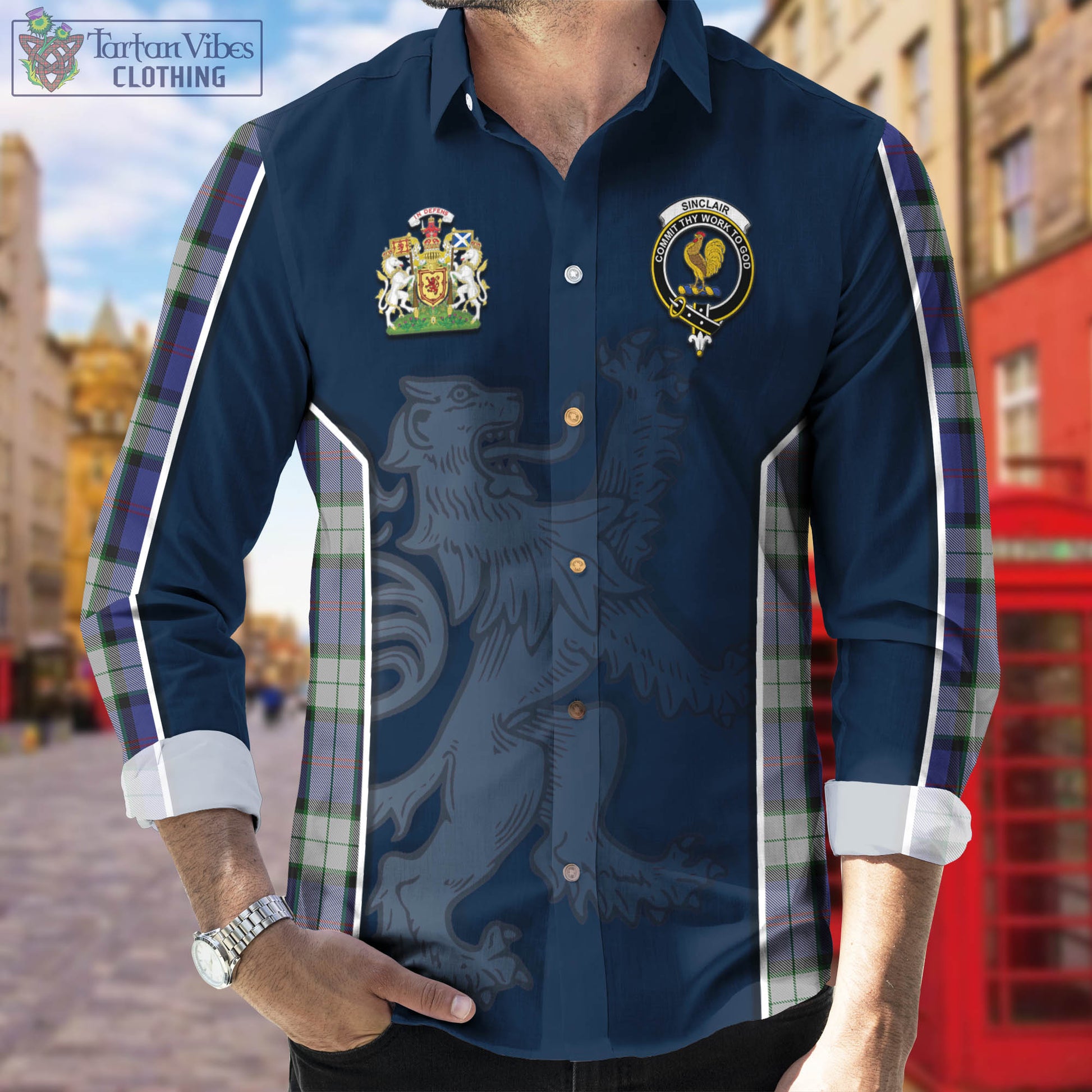 Sinclair Dress Tartan Long Sleeve Button Up Shirt with Family Crest and Lion Rampant Vibes Sport Style