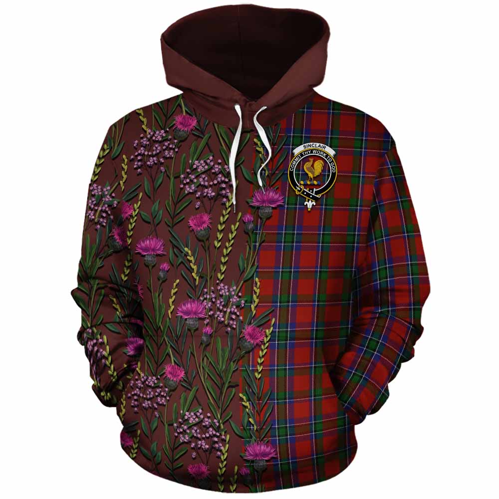 Sinclair Family Crest Tartan Cotton Hoodie Scottish Thistle Flower Pattern Half Style - Tartan Vibes Clothing