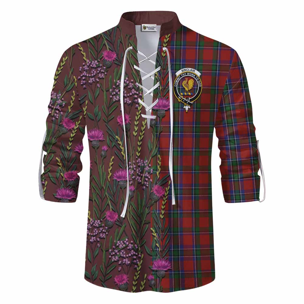 Sinclair Family Crest Tartan Ghillie Shirt Scottish Thistle Flower Pattern Half Style - Tartan Vibes Clothing