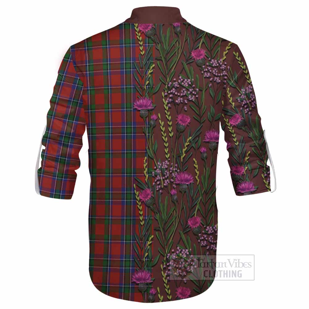 Sinclair Family Crest Tartan Ghillie Shirt Scottish Thistle Flower Pattern Half Style - Tartan Vibes Clothing