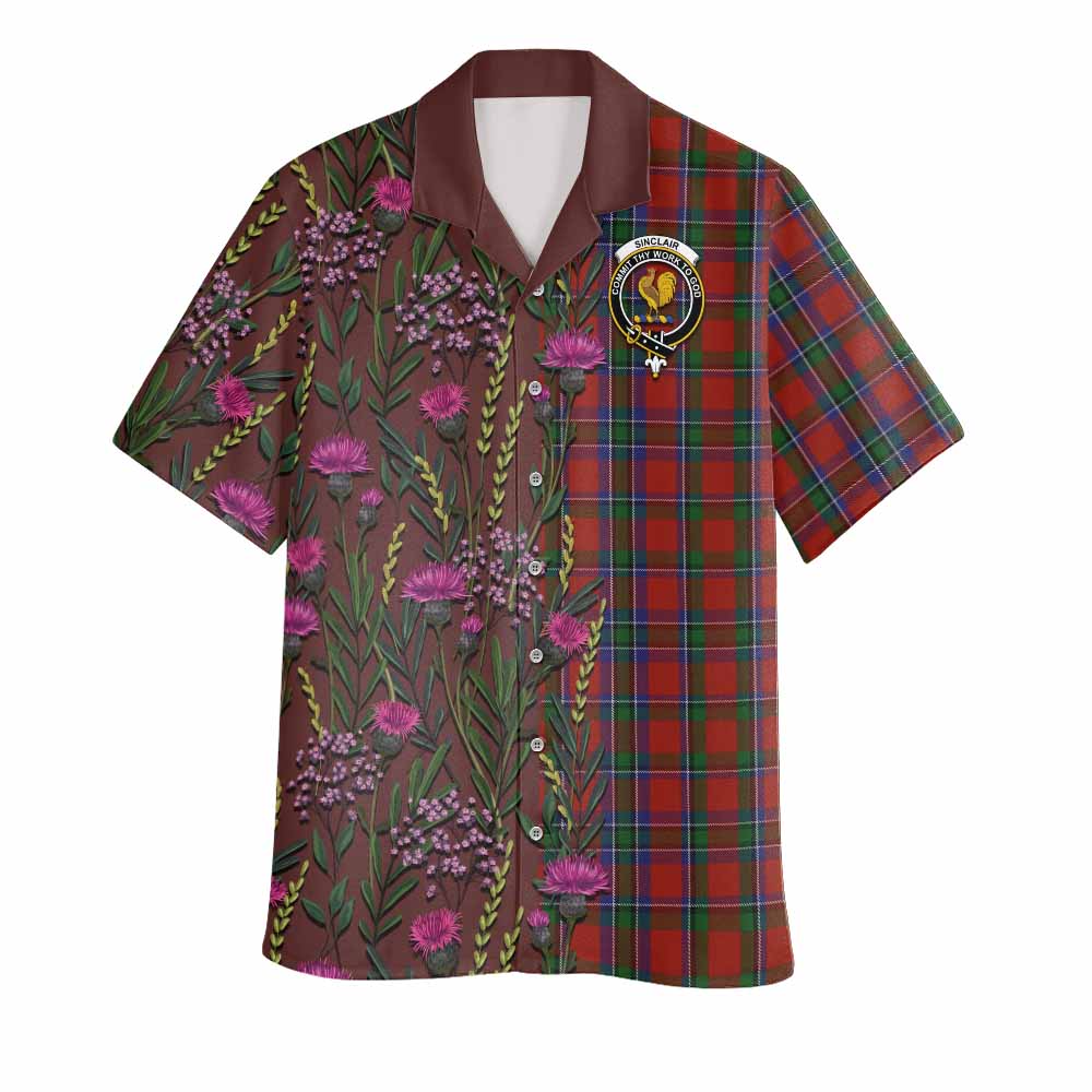 Sinclair Family Crest Tartan Hawaiian Shirt Scottish Thistle Flower Pattern Half Style - Tartan Vibes Clothing