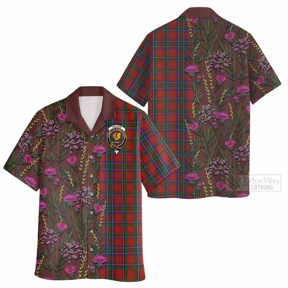 Sinclair Family Crest Tartan Hawaiian Shirt Scottish Thistle Flower Pattern Half Style - Tartan Vibes Clothing