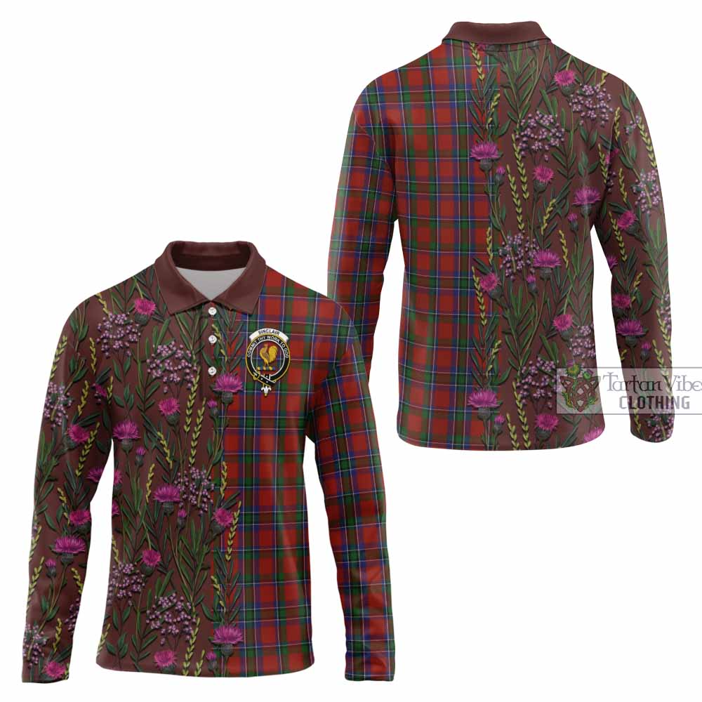 Sinclair Family Crest Tartan Long Sleeve Polo Shirt Scottish Thistle Flower Pattern Half Style - Tartan Vibes Clothing