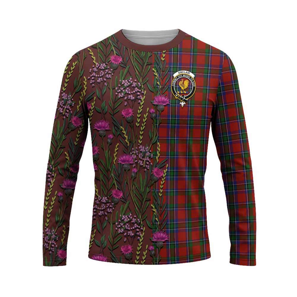 Sinclair Family Crest Tartan Long Sleeve T-Shirt Scottish Thistle Flower Pattern Half Style - Tartan Vibes Clothing