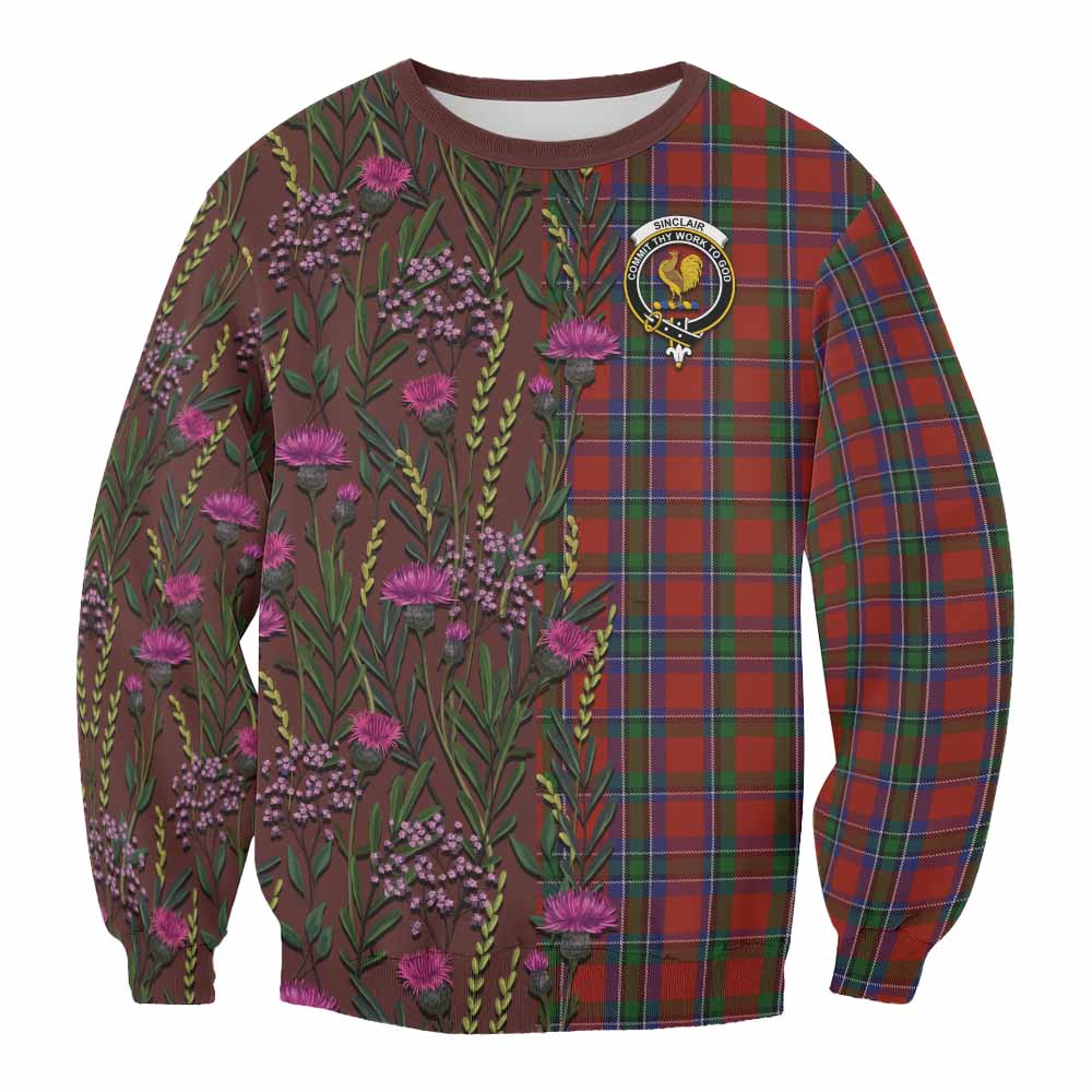 Sinclair Family Crest Tartan Sweatshirt Scottish Thistle Flower Pattern Half Style - Tartan Vibes Clothing
