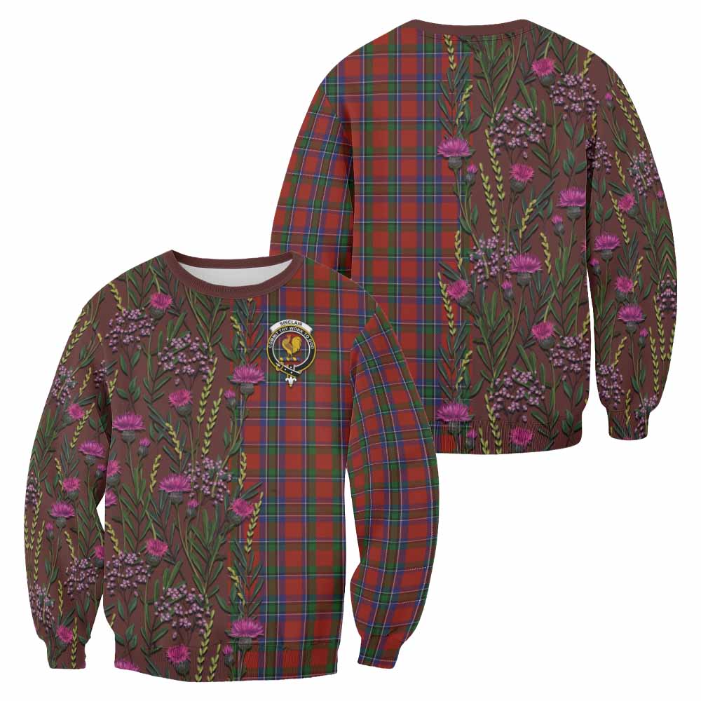 Sinclair Family Crest Tartan Sweatshirt Scottish Thistle Flower Pattern Half Style - Tartan Vibes Clothing