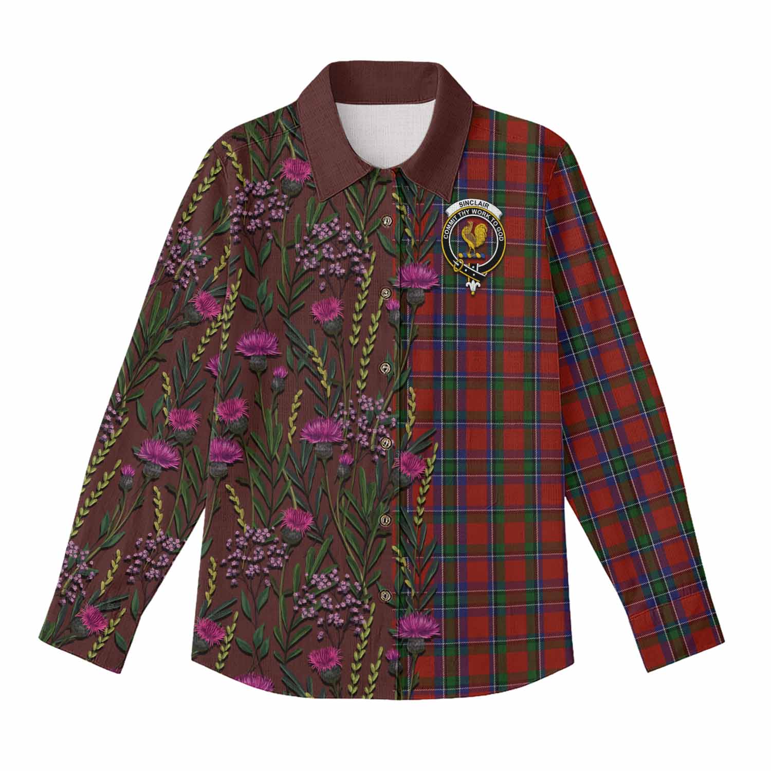 Sinclair Family Crest Tartan Women Casual Shirt Scottish Thistle Flower Pattern Half Style - Tartan Vibes Clothing