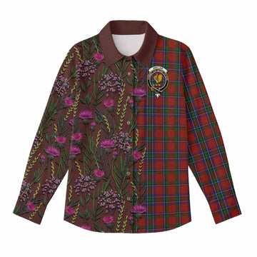 Sinclair Family Crest Tartan Women Casual Shirt Scottish Thistle Flower Pattern Half Style