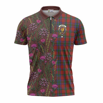 Sinclair Family Crest Tartan Zipper Polo Shirt Scottish Thistle Flower Pattern Half Style - Tartan Vibes Clothing