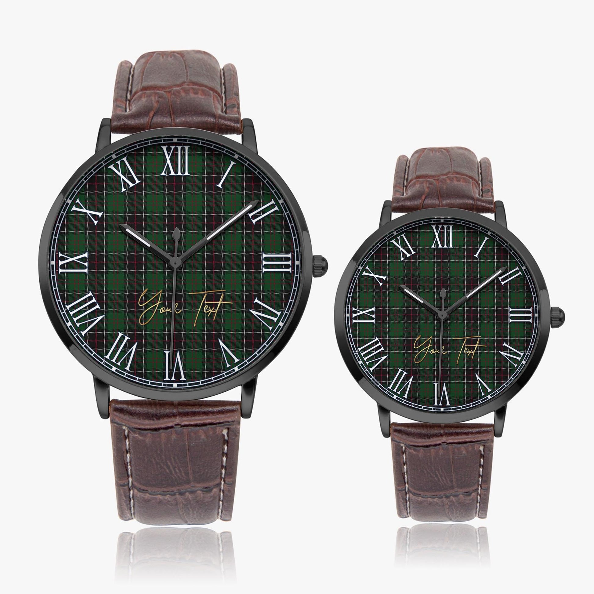 Sinclair Hunting Tartan Personalized Your Text Leather Trap Quartz Watch Ultra Thin Black Case With Brown Leather Strap - Tartanvibesclothing