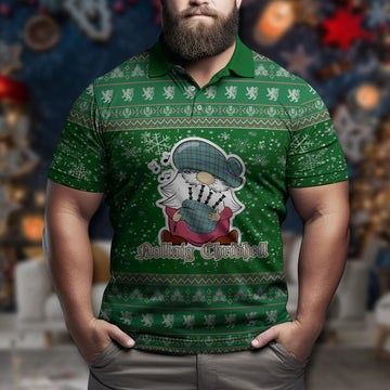 Sinclair Hunting Ancient Clan Christmas Family Polo Shirt with Funny Gnome Playing Bagpipes