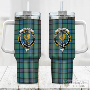Sinclair Hunting Ancient Tartan and Family Crest Tumbler with Handle