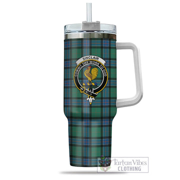 Sinclair Hunting Ancient Tartan and Family Crest Tumbler with Handle