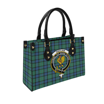 Sinclair Hunting Ancient Tartan Leather Bag with Family Crest