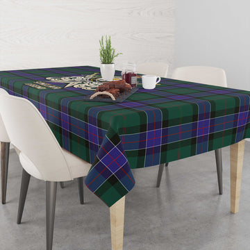 Sinclair Hunting Modern Tartan Tablecloth with Clan Crest and the Golden Sword of Courageous Legacy