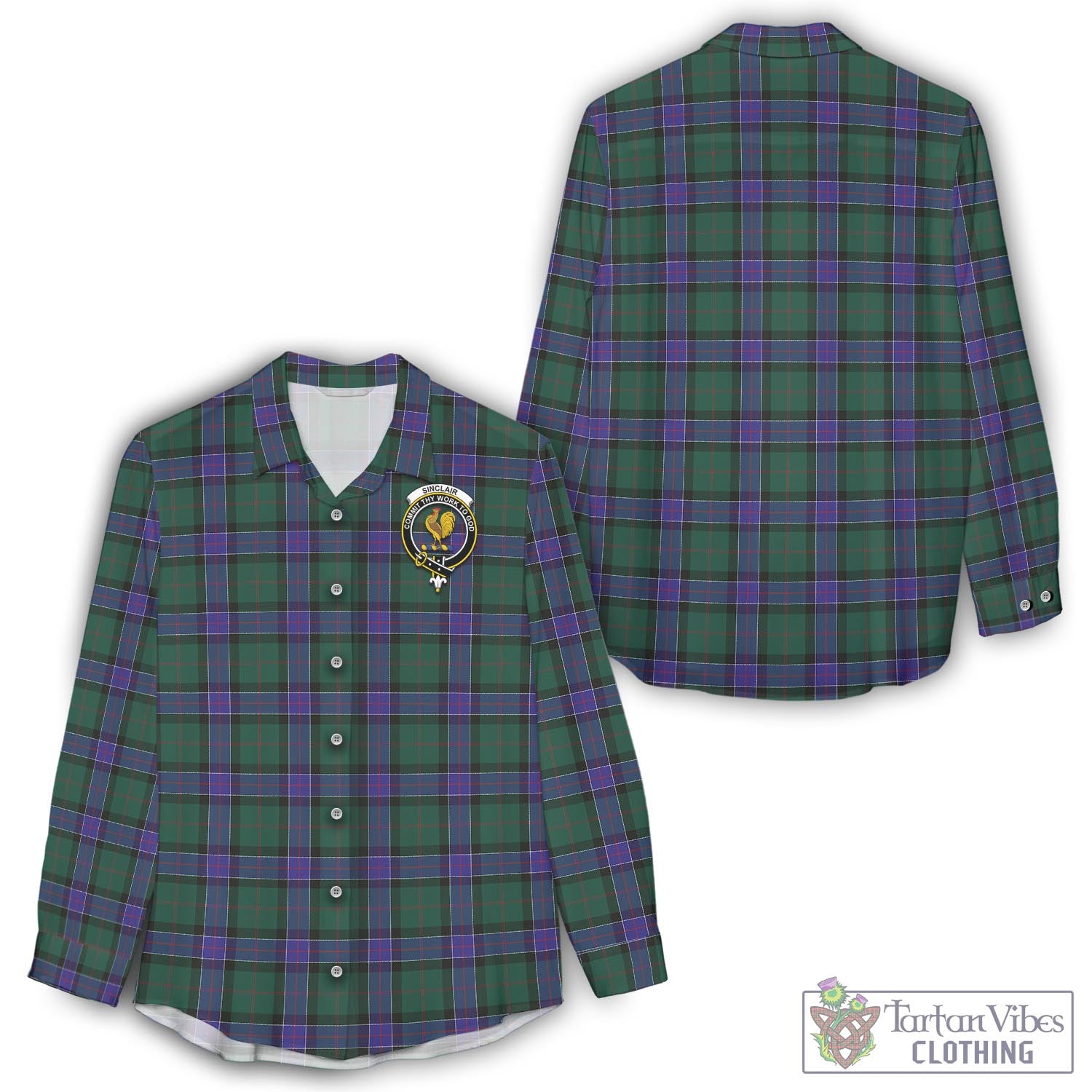 Tartan Vibes Clothing Sinclair Hunting Modern Tartan Womens Casual Shirt with Family Crest