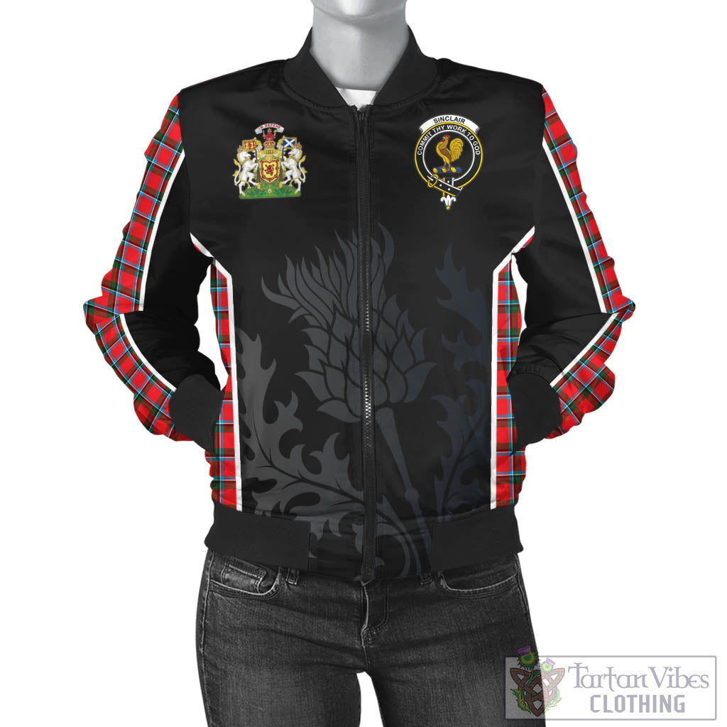 Tartan Vibes Clothing Sinclair Modern Tartan Bomber Jacket with Family Crest and Scottish Thistle Vibes Sport Style
