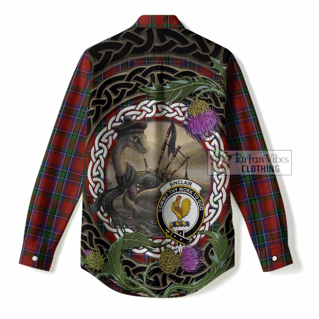 Sinclair Tartan Crest Bagpipe Nessie Women Casual Shirt Scottish Loch Ness Monster Celtic Thistle