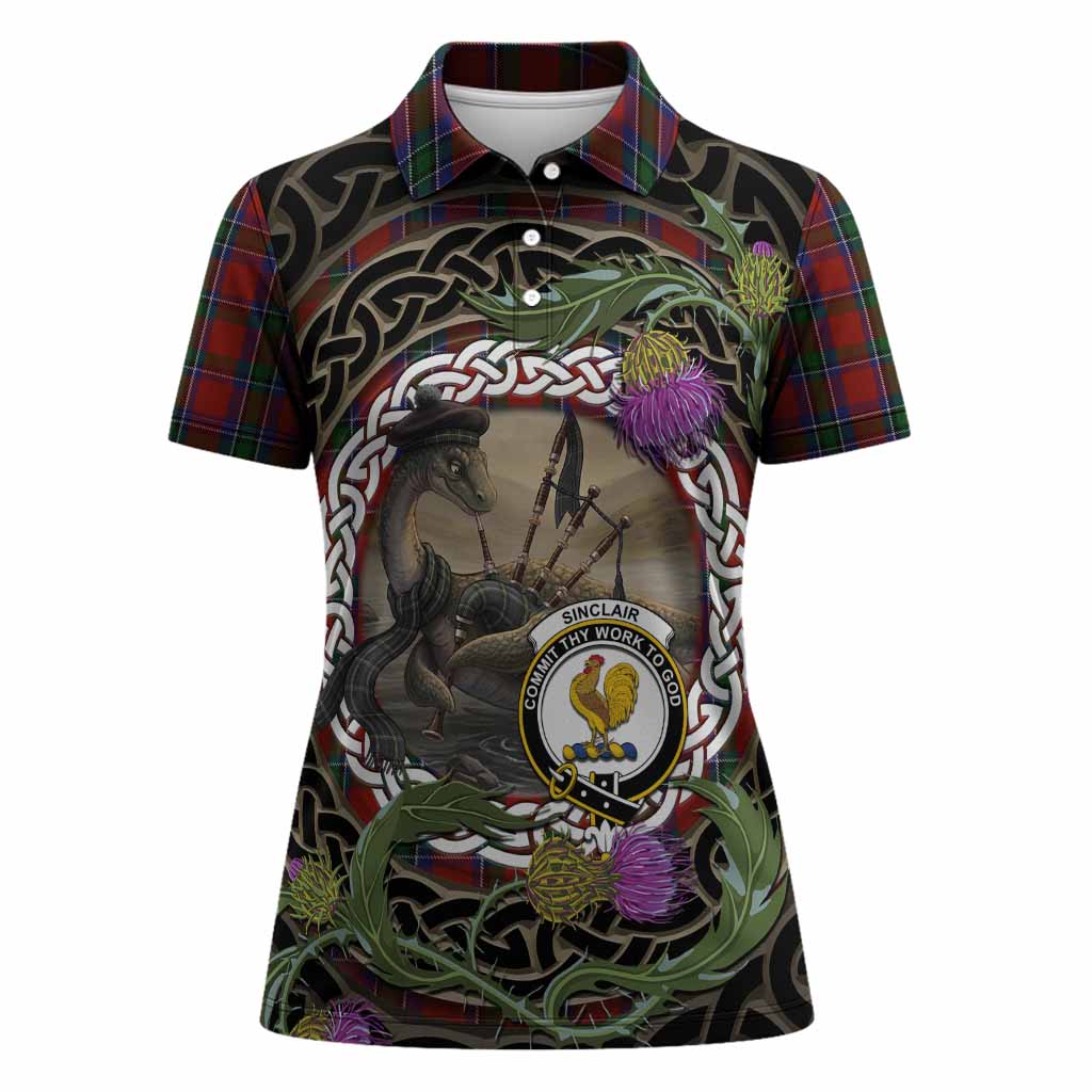 Sinclair Tartan Crest Bagpipe Nessie Women Polo Shirt Scottish Loch Ness Monster Celtic Thistle
