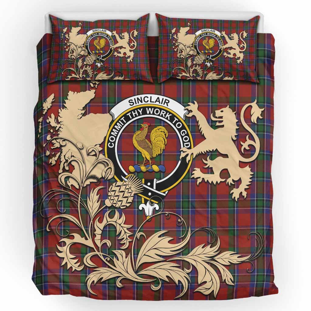 Sinclair Tartan Crest Bedding Set with Scottish Iconic Symbols 