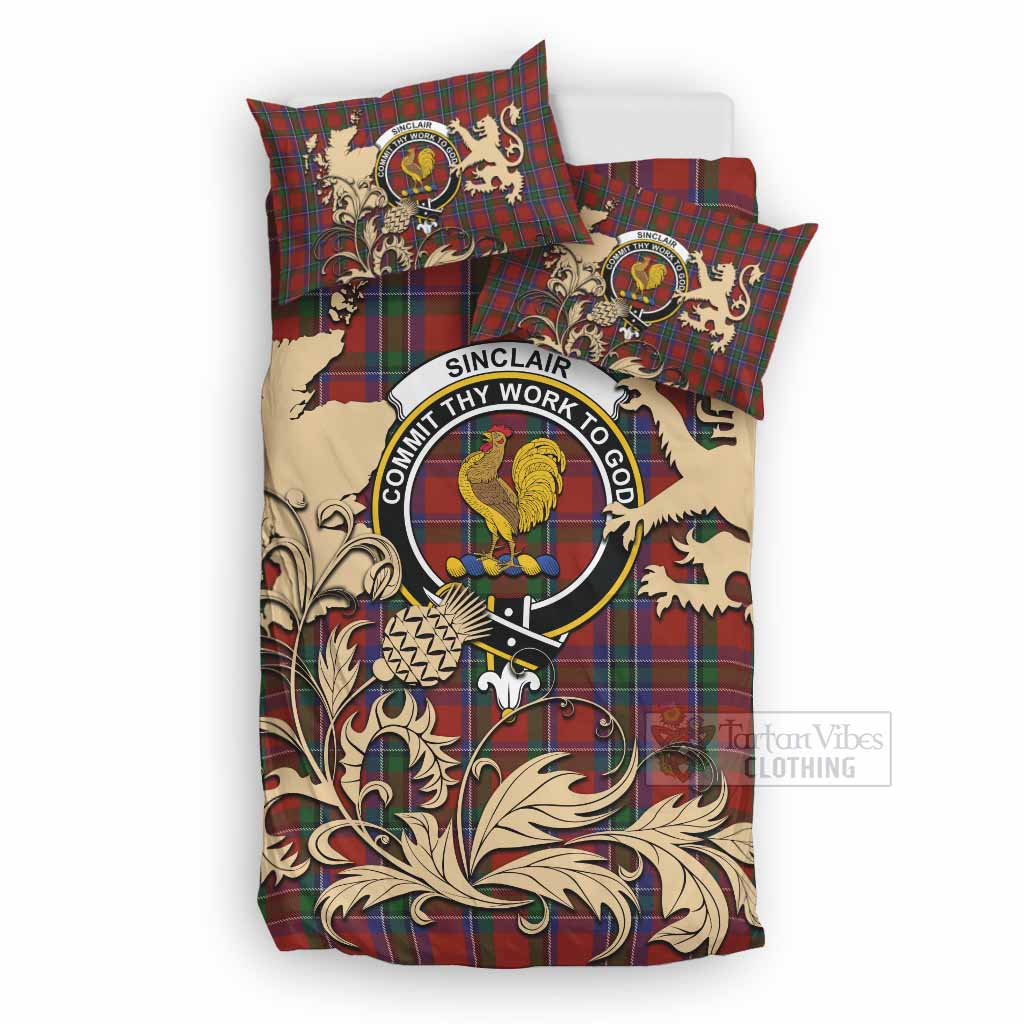 Sinclair Tartan Crest Bedding Set with Scottish Iconic Symbols 