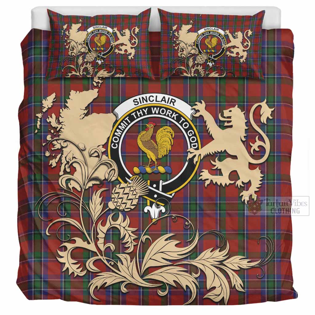 Sinclair Tartan Crest Bedding Set with Scottish Iconic Symbols 
