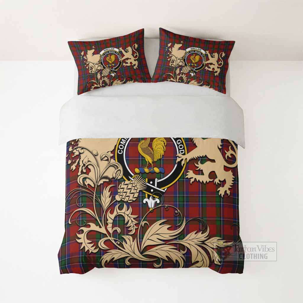 Sinclair Tartan Crest Bedding Set with Scottish Iconic Symbols 