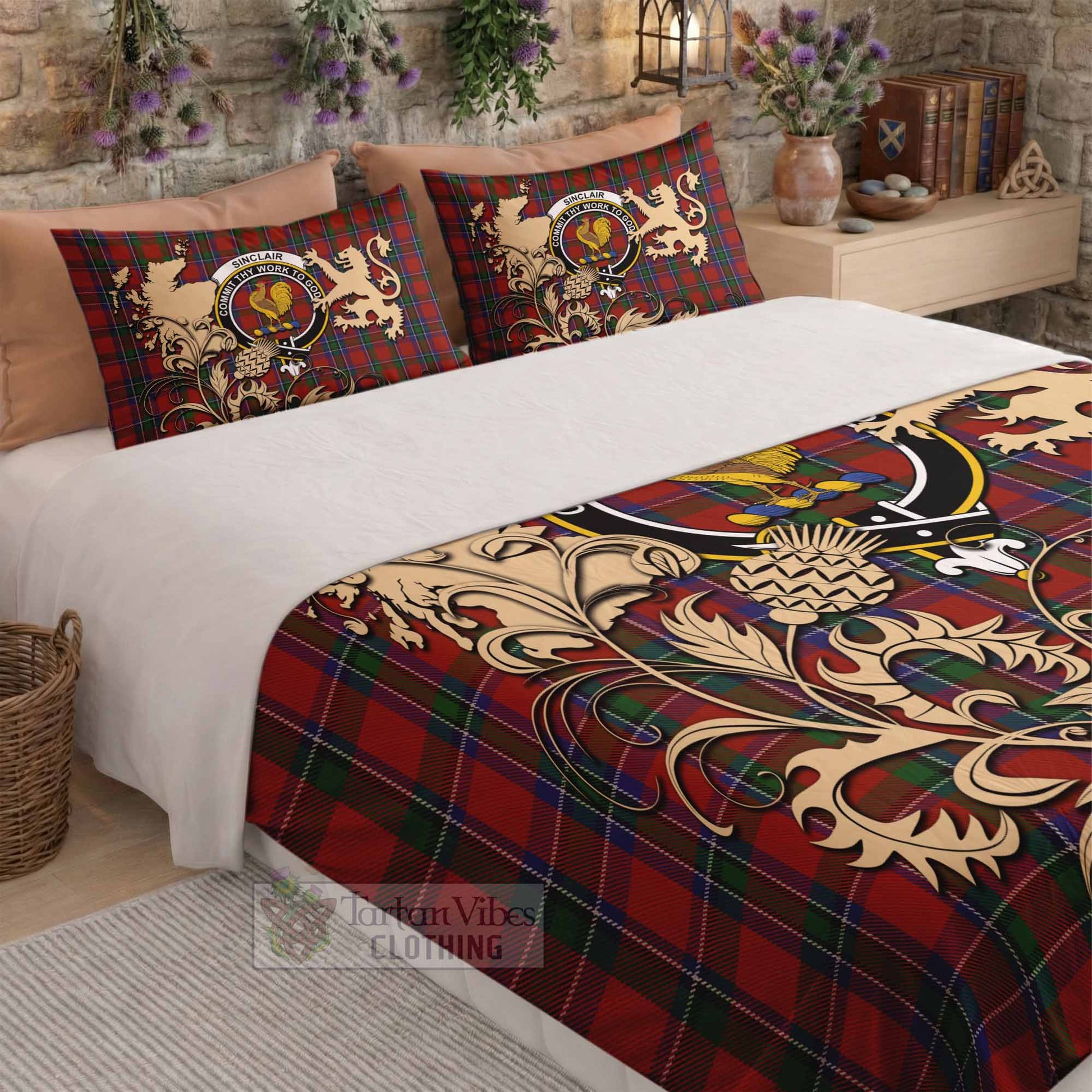 Sinclair Tartan Crest Bedding Set with Scottish Iconic Symbols 