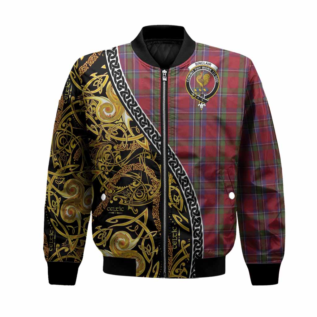 Sinclair Tartan Crest Bomber Jacket Celtic Knot and Triple Trickle Spiral Symbols