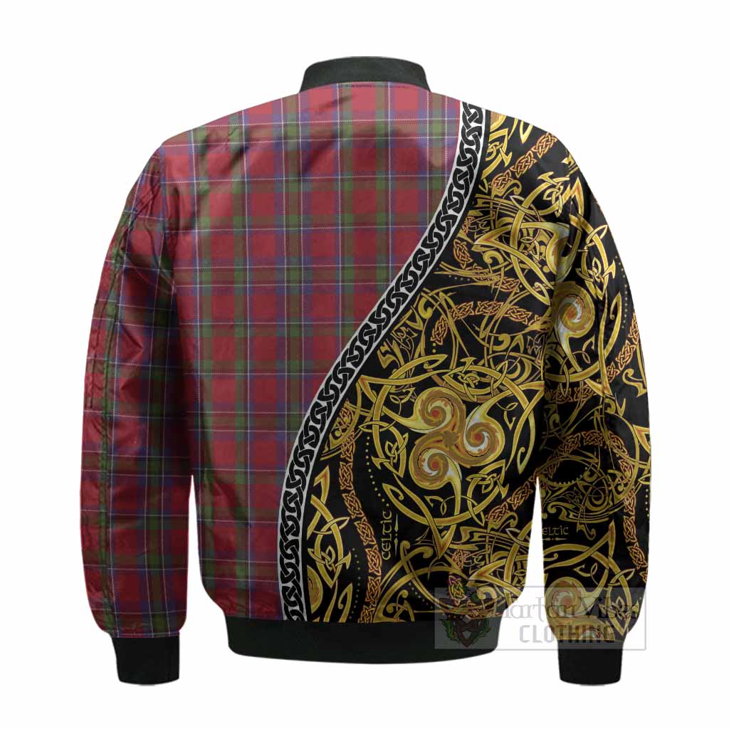 Sinclair Tartan Crest Bomber Jacket Celtic Knot and Triple Trickle Spiral Symbols