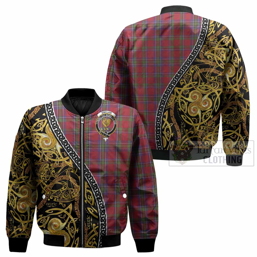 Sinclair Tartan Crest Bomber Jacket Celtic Knot and Triple Trickle Spiral Symbols