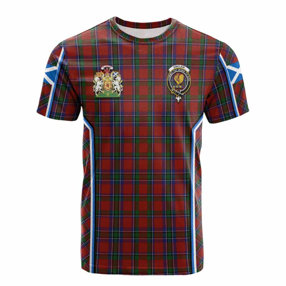 Sinclair Tartan Crest Cotton T-shirt Scotland Coat of Arm Flag Style - Tartan Vibes Clothing