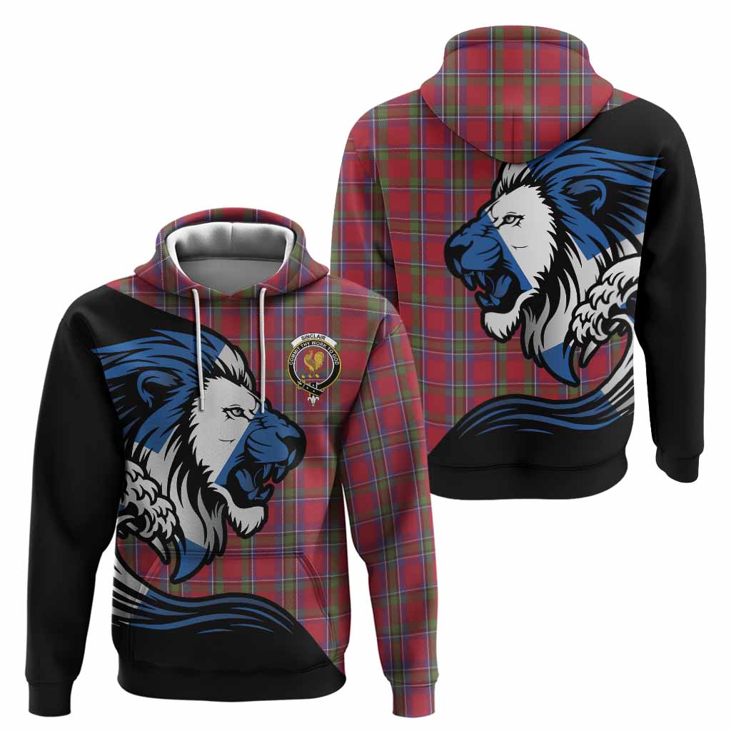 Sinclair Tartan Crest Hoodie Scottish Golden Lions Wave Flow