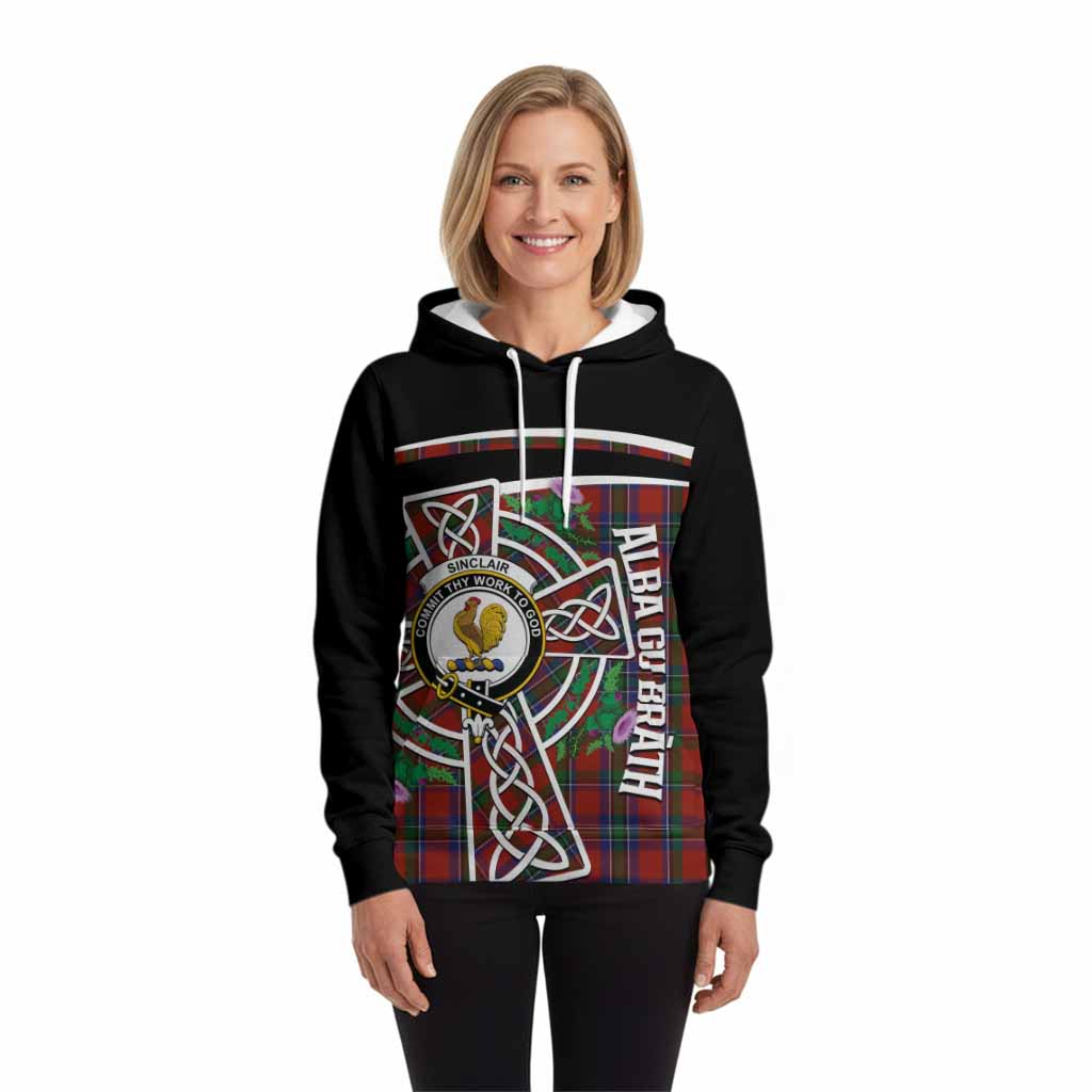 Sinclair Tartan Crest Hoodie Scottish Thistle Celtic Cross Alba Gu Brath