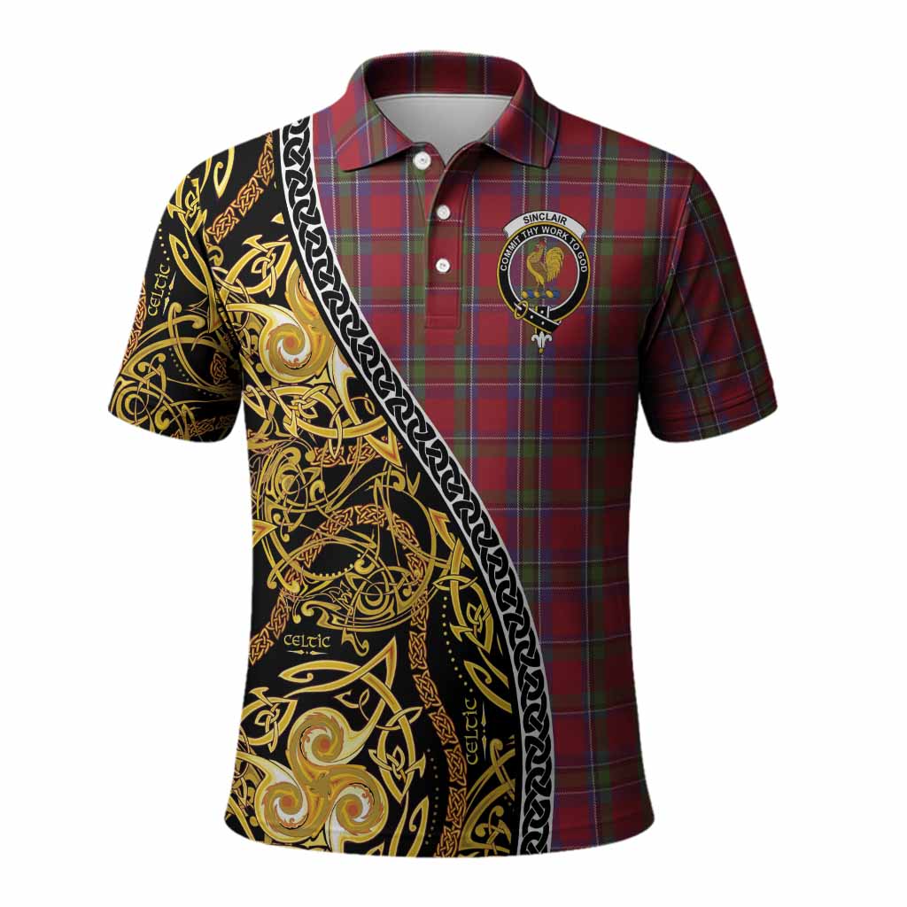 Sinclair Tartan Crest Polo Shirt Celtic Knot and Triple Trickle Spiral Symbols