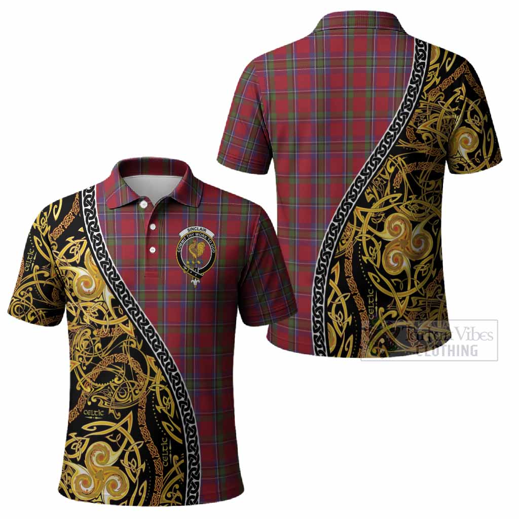 Sinclair Tartan Crest Polo Shirt Celtic Knot and Triple Trickle Spiral Symbols