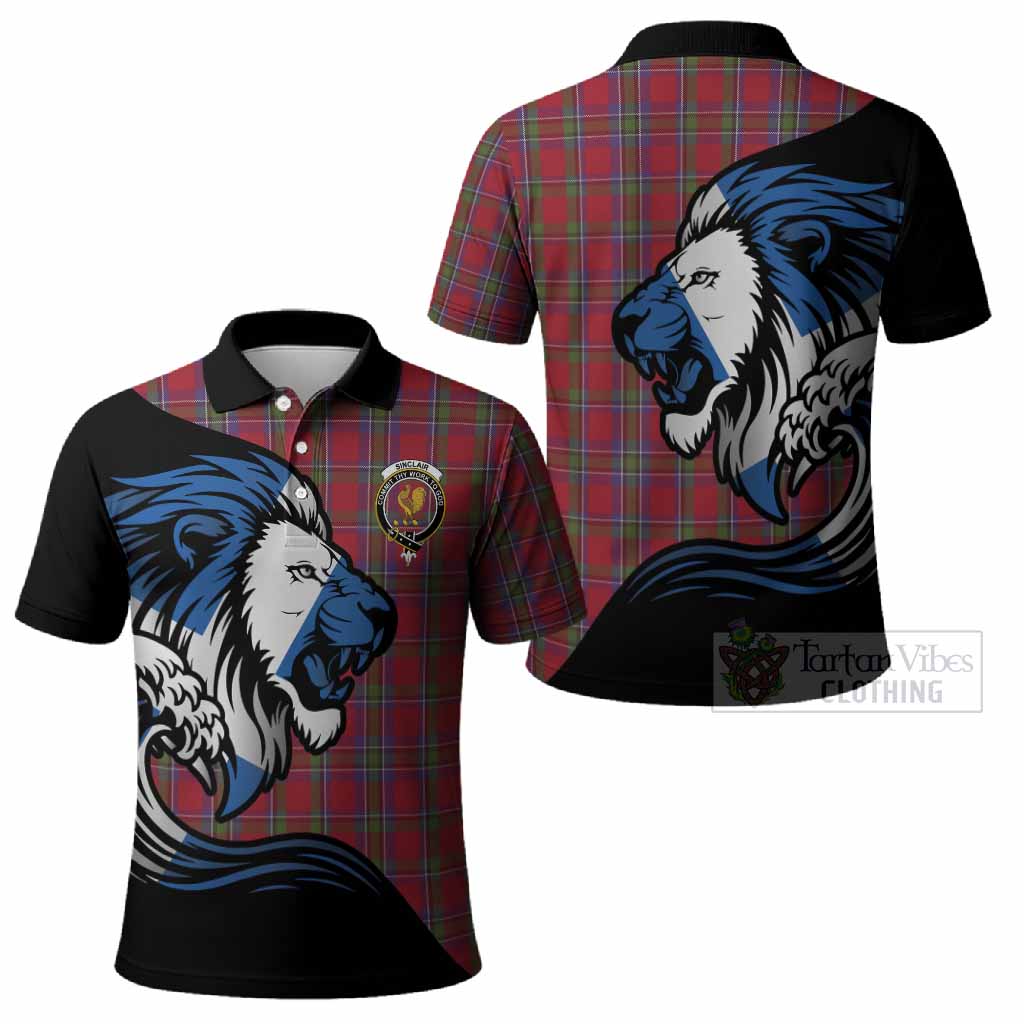 Sinclair Tartan Crest Polo Shirt Scottish Golden Lions Wave Flow