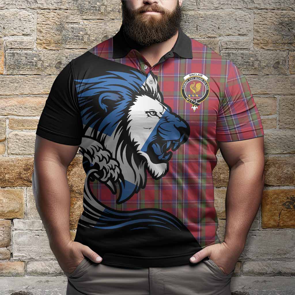 Sinclair Tartan Crest Polo Shirt Scottish Golden Lions Wave Flow