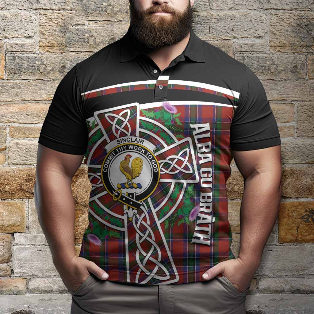 Sinclair Tartan Crest Polo Shirt Scottish Thistle Celtic Cross Alba Gu Brath