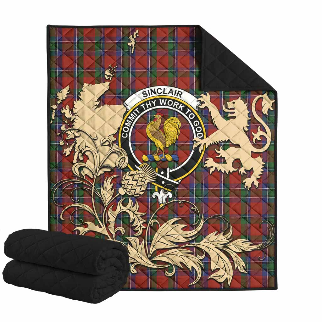 Sinclair Tartan Crest Premium Quilt with Scottish Iconic Symbols 