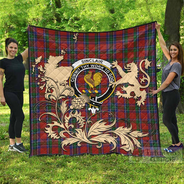 Sinclair Tartan Crest Premium Quilt with Scottish Iconic Symbols 