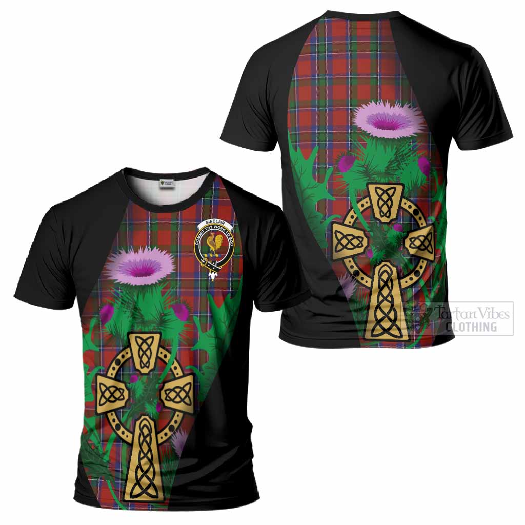 Sinclair Tartan Crest T-Shirt Celtic Cross Thistle Flowers