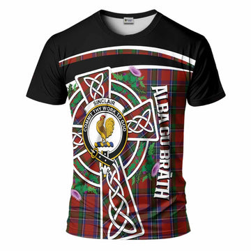 Sinclair Tartan Crest T-Shirt Scottish Thistle Celtic Cross Alba Gu Brath