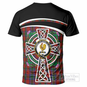 Sinclair Tartan Crest T-Shirt Scottish Thistle Celtic Cross Alba Gu Brath